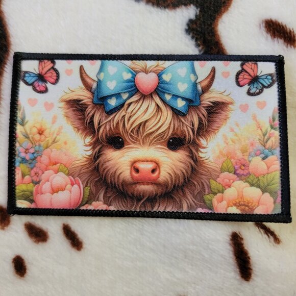 Baby Highland Cow Sublimation DYI Fabric Hat Patch Glue Iron On Sew Hat Patch - Picture 2 of 6